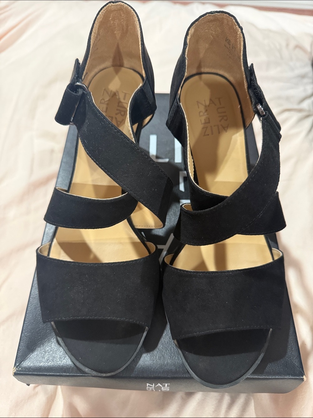 Naturalizer “Lindy” Black Suede Strappy Heeled Sandals